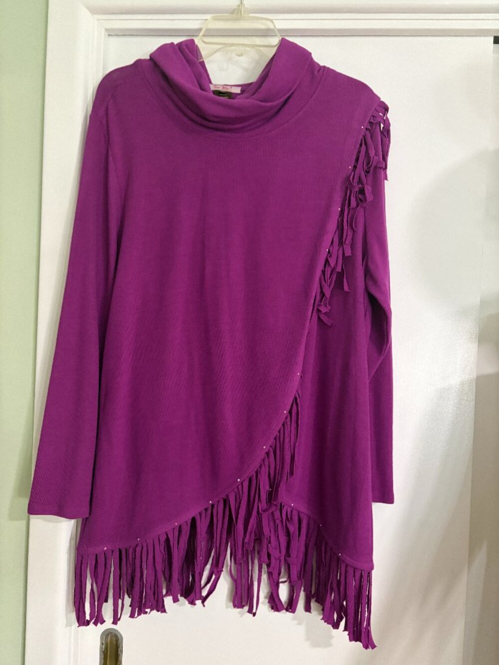 SUE WHO? - PURPLE FRINGED COWL NECK TOP